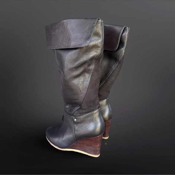 Ugg RAVENNA Black Tall Wedge Fall Winter Leather Cuffed Knee Boot - Size 8.5 - Picture 6 of 10